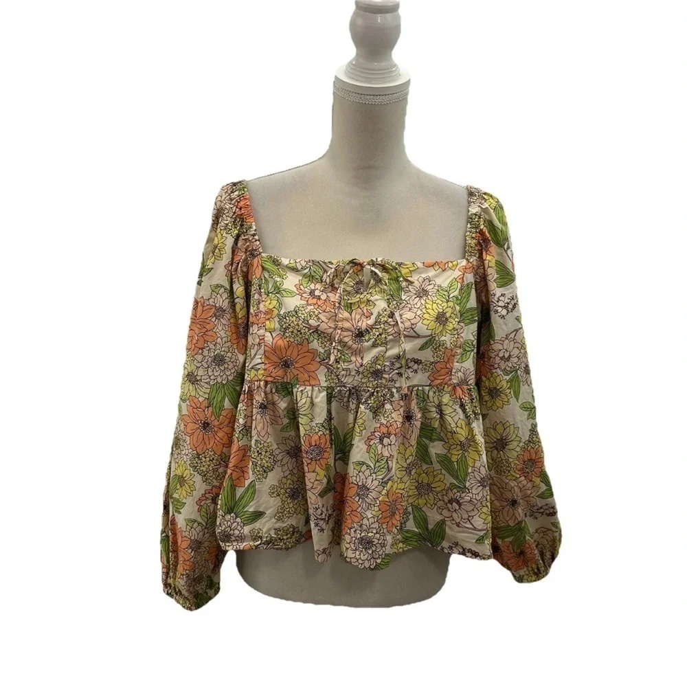 J. Crew Square Neck Tie-Front Blouse Women’s 18 Puff Sleeve Zinnia Floral